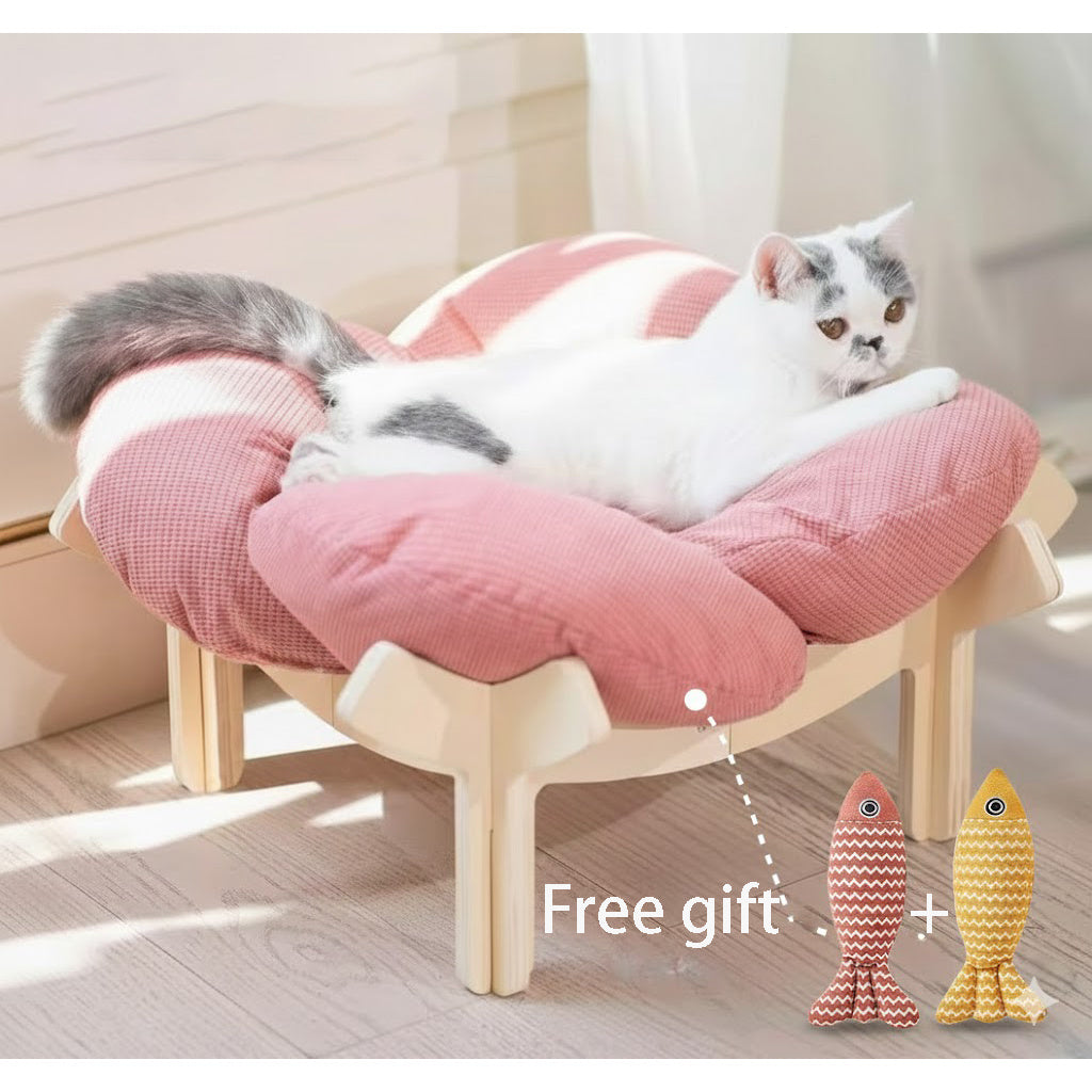 Pink Wooden Cat Lounge Bed with Soft Cushion, Elevated Indoor Pet Sofa Chair in Pink + Two Linen Fish Style for Cat Naps and Cozy Home Lounging