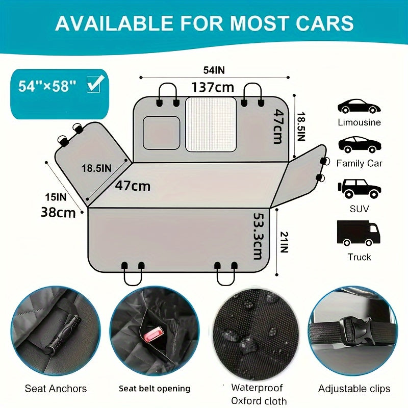 Waterproof Dog Car Seat Cover Hammock with Mesh Window, Zippered Side Flaps and Non-Slip Backseat Protection, 54 x 58 Inches, Black