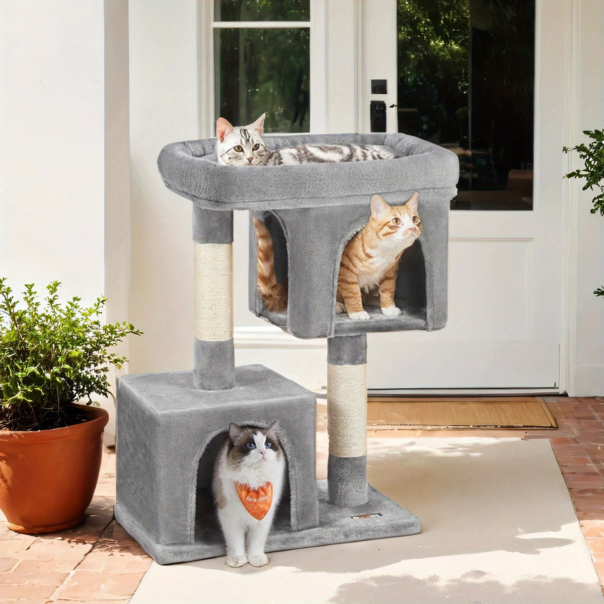 Cat Tower with Two Caves, 33.1 Inch Indoor Cat Condo with Large Perch and Scratching Post for Cats up to 16 lb, Three Neutral Color Options