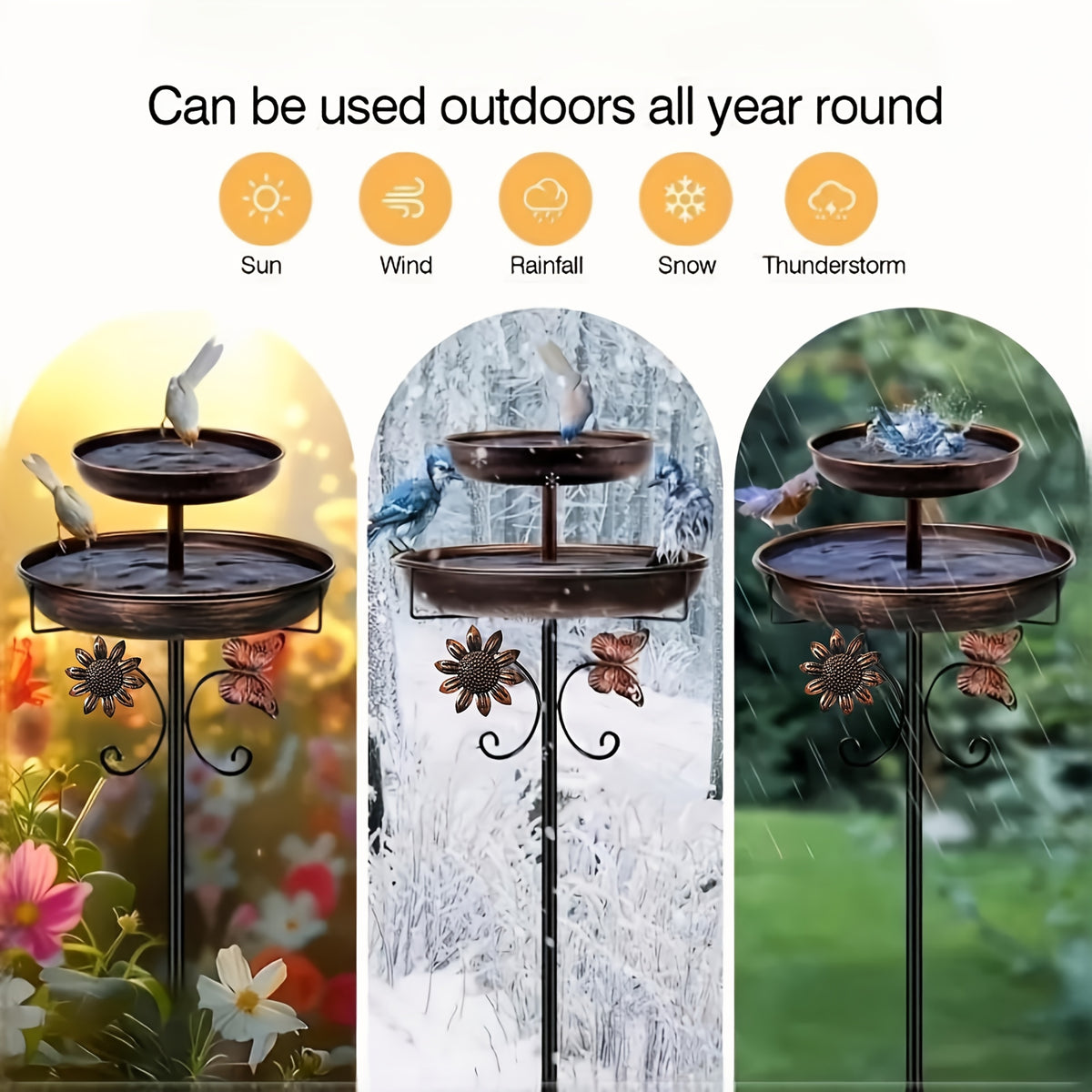 Bronze Metal Bird Bath with Flower and Butterfly Accents, Five-Prong Ground Stake Garden Basin with Single Layer and Set Options for Outdoor Yard Decor