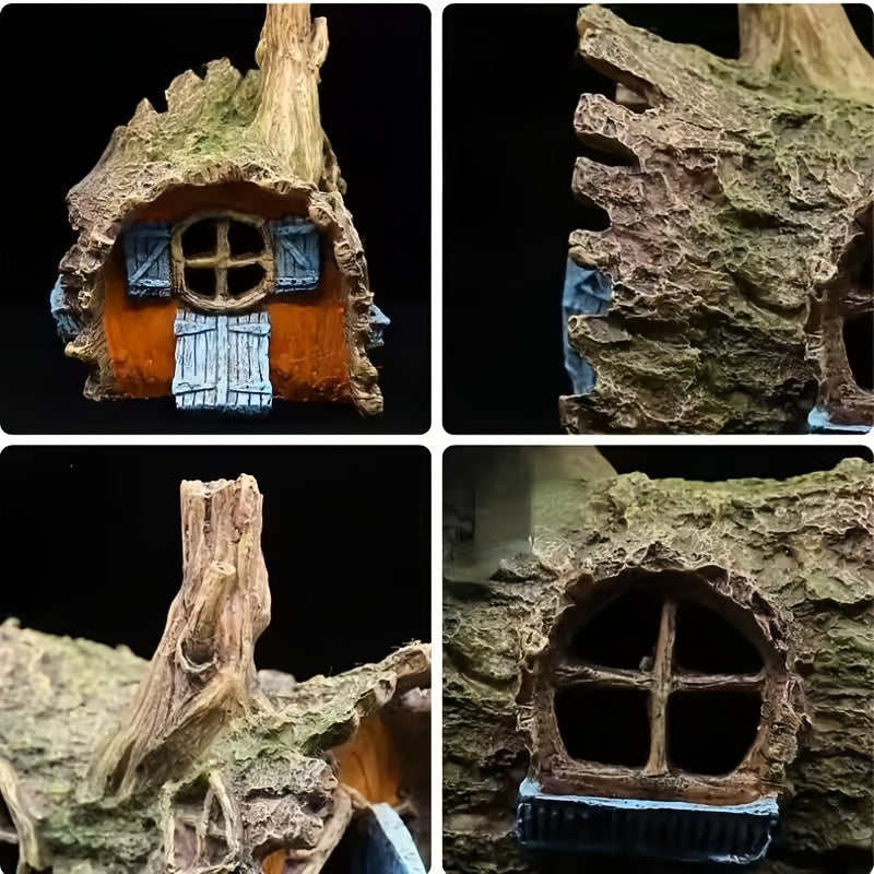 Resin Driftwood Aquarium Ornament, Tan Tree Stump with Hollow Log and Root-Style Cave Hideout for Freshwater and Saltwater Fish Tank Decor, 1 Piece