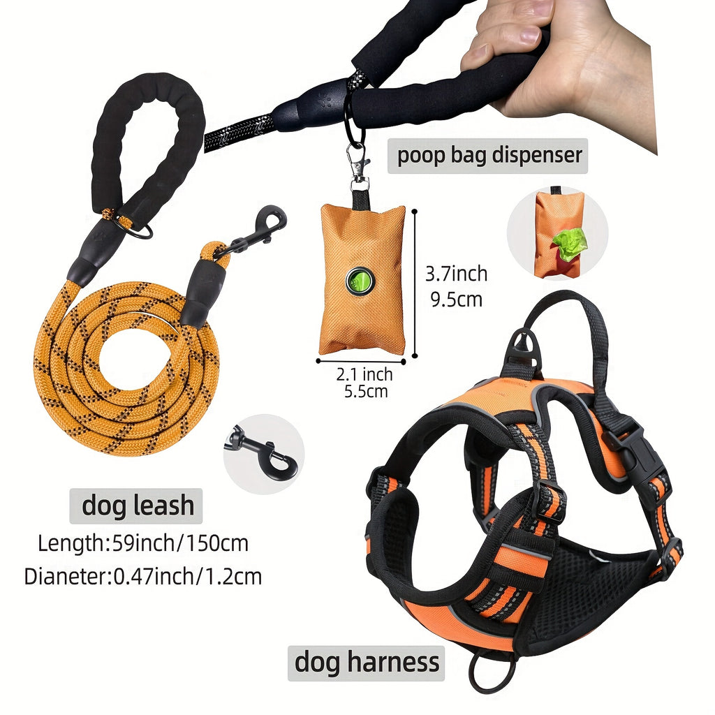 Breathable Dog Harness and Leash Set with Poop Bag Dispenser, Soft Walking Vest for Medium to Large Dogs, Red and Black Options in M, L and XL