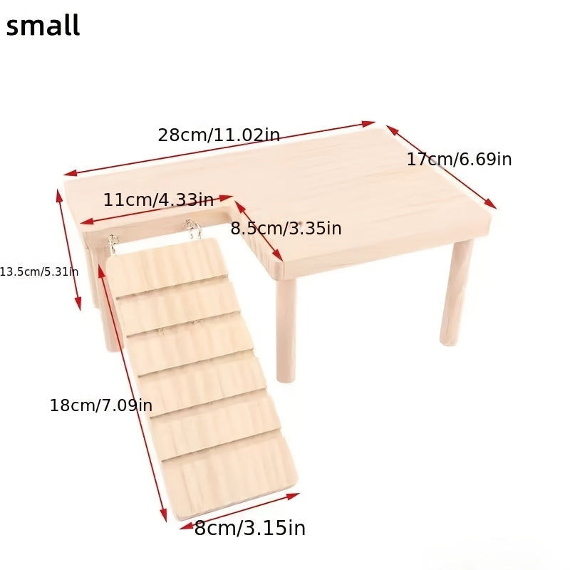 Hamster Climbing Platform with Ladder, Wooden Raised Cage Shelf and Underneath Hideaway Space for Golden Hamster Habitat Enrichment