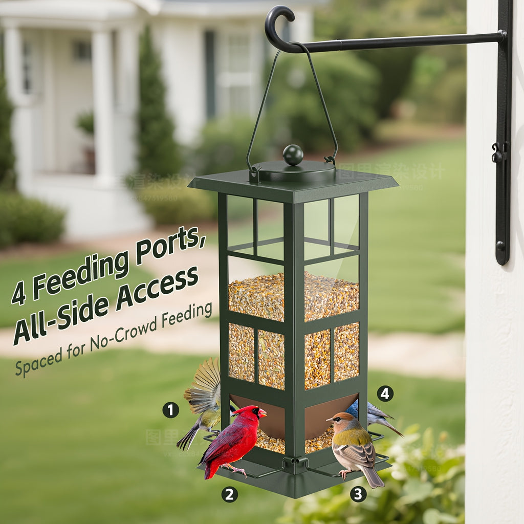 Four-Port Bird Feeder for Outdoors, Green Metal Hanging Wild Bird Feeder with Drainage Holes and Easy-Fill Design for Backyard Birdwatching