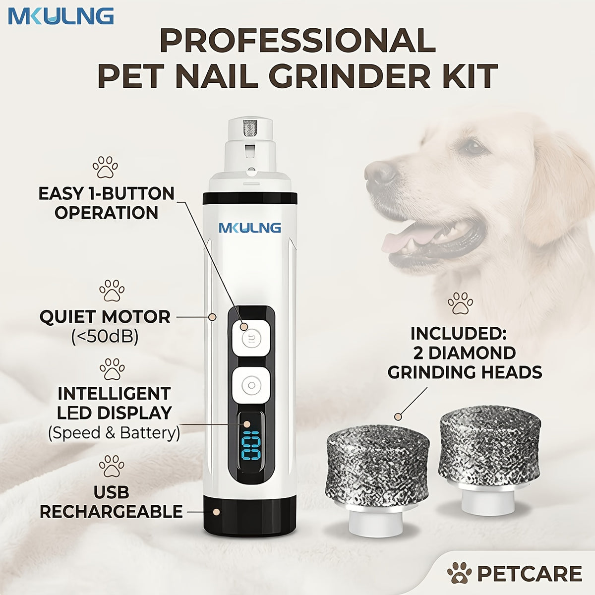 Dog Nail Grinder with LED Light, Quiet 3-Speed Rechargeable Pet Nail Trimmer with 3 Grinding Ports and Diamond Bit for Small, Medium and Large Dogs and Cats