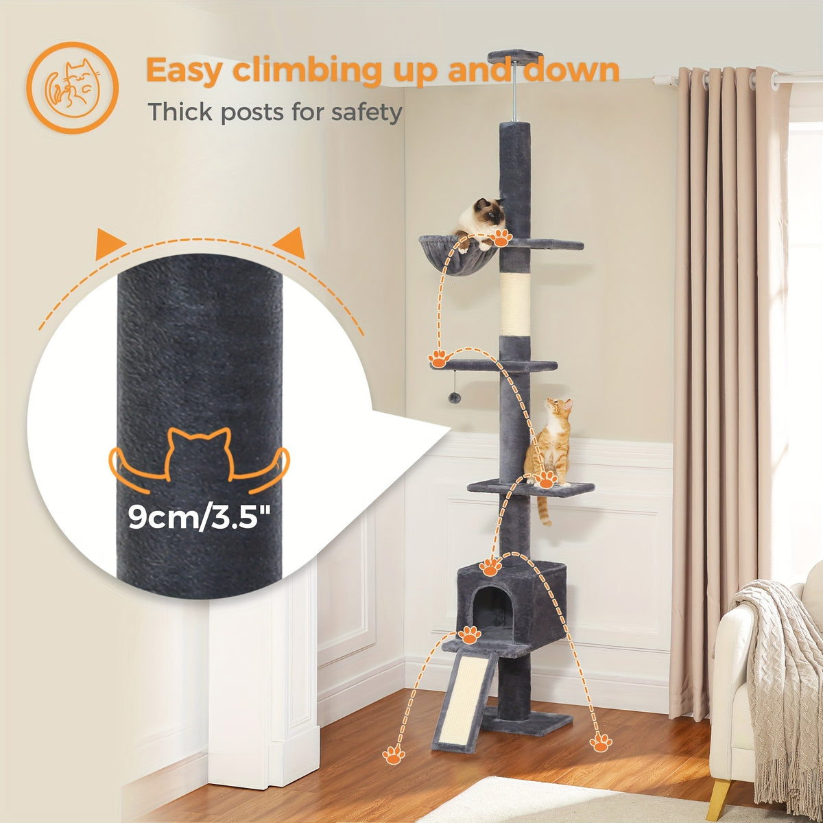 5-Tier Floor to Ceiling Cat Tree, 83–108 Inch Adjustable Indoor Cat Tower with Condo, Hammock, Scratching Post and Ladder in Seven Color Options
