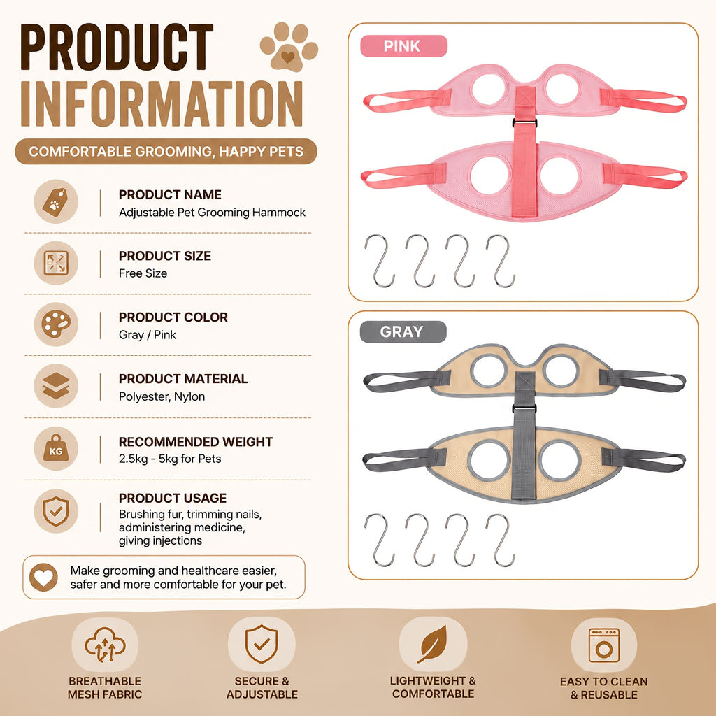 Cat Grooming Hammock with 4 S-Hooks and Fixed Straps, Breathable Mesh Nail Trimming Support for Cats and Small Dogs in Grey or Pink