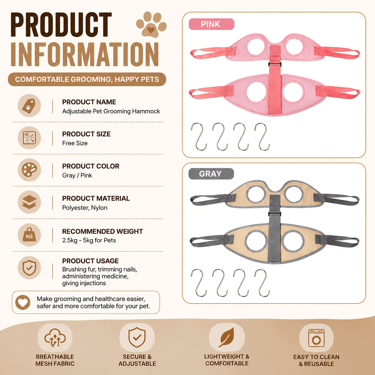 Cat Grooming Hammock with 4 S-Hooks and Fixed Straps, Breathable Mesh Nail Trimming Support for Cats and Small Dogs in Grey or Pink