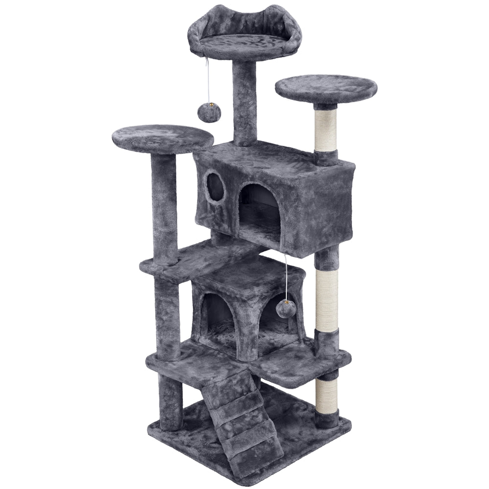 Cat Tree with Twin Hideaways, 54 or 62 Inch Dark Gray Indoor Cat Tower with Two Condos, Three Scratching Posts and Dangling Balls for Play and Rest