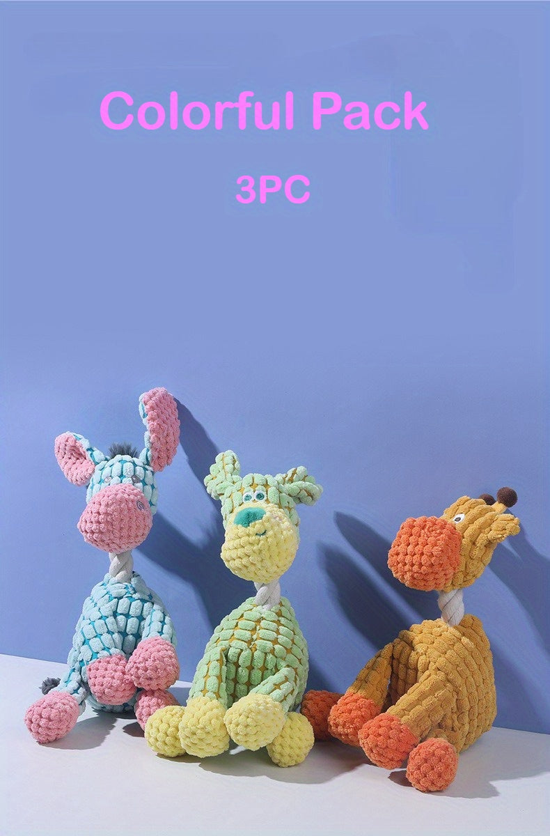 Rope Neck Squeaky Dog Toys 3 Pack, Colorful Plush Animal Play Set with Donkey Design for Small and Medium Dogs, Supervised Gentle Chewing