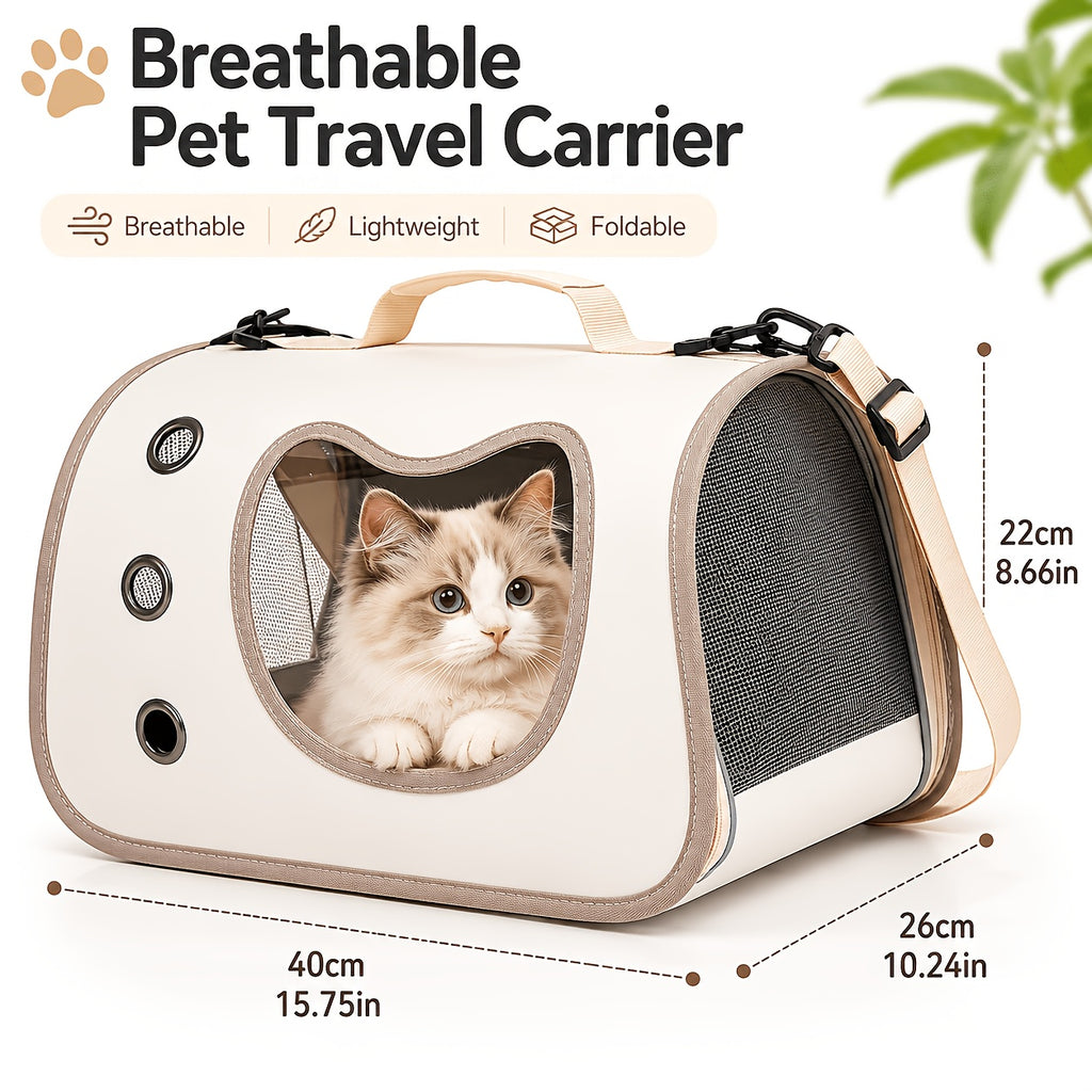 Cat Carrier with Cat-Face Viewing Window, Foldable Pet Travel Bag with Mesh Ventilation and Adjustable Shoulder Strap for Kittens and Small Dogs
