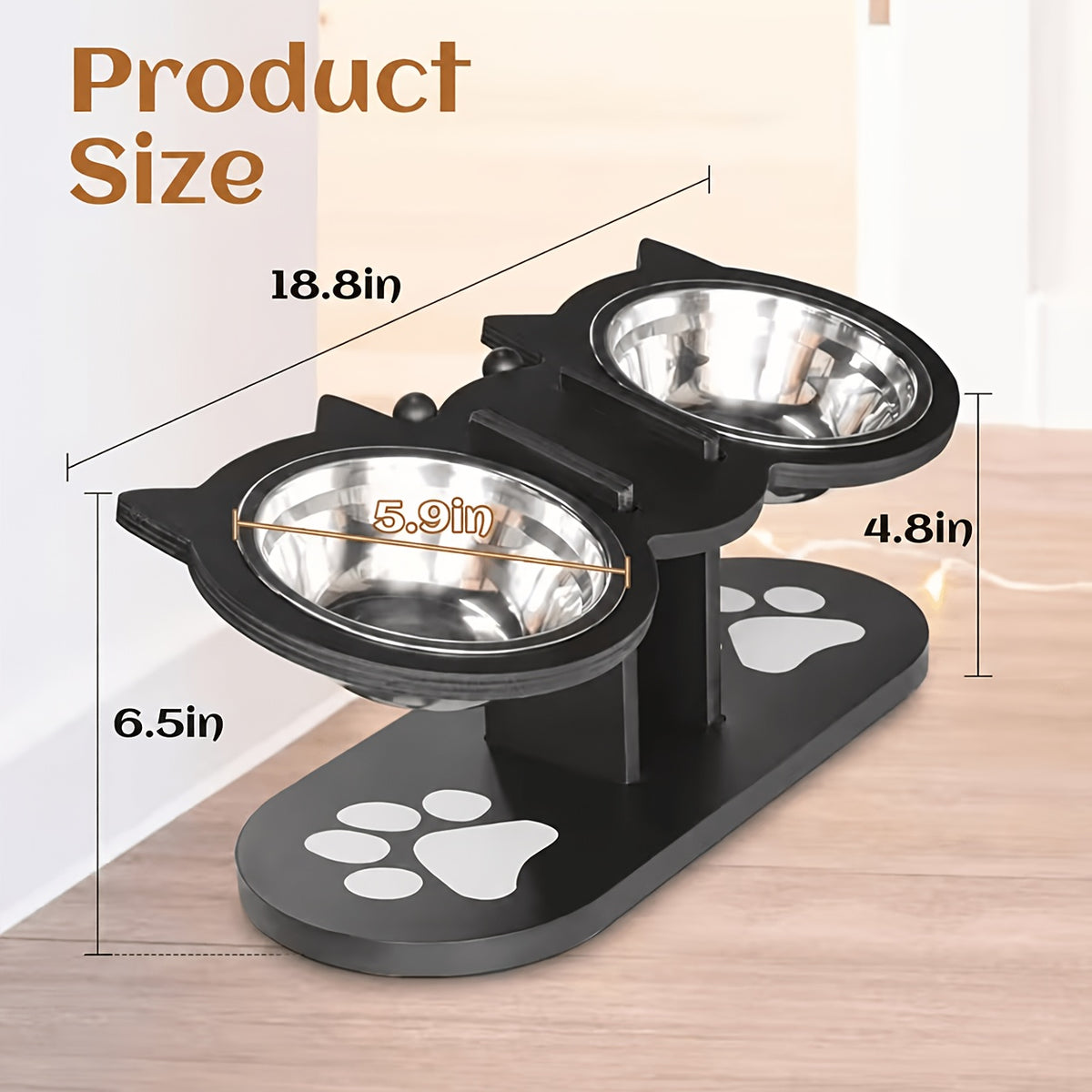 Elevated Cat Bowls with Black Wooden Stand, 15 Degree Tilted Adjustable Feeder with 2 or 3 Stainless Steel Dishes for Cat and Small Dog Food and Water