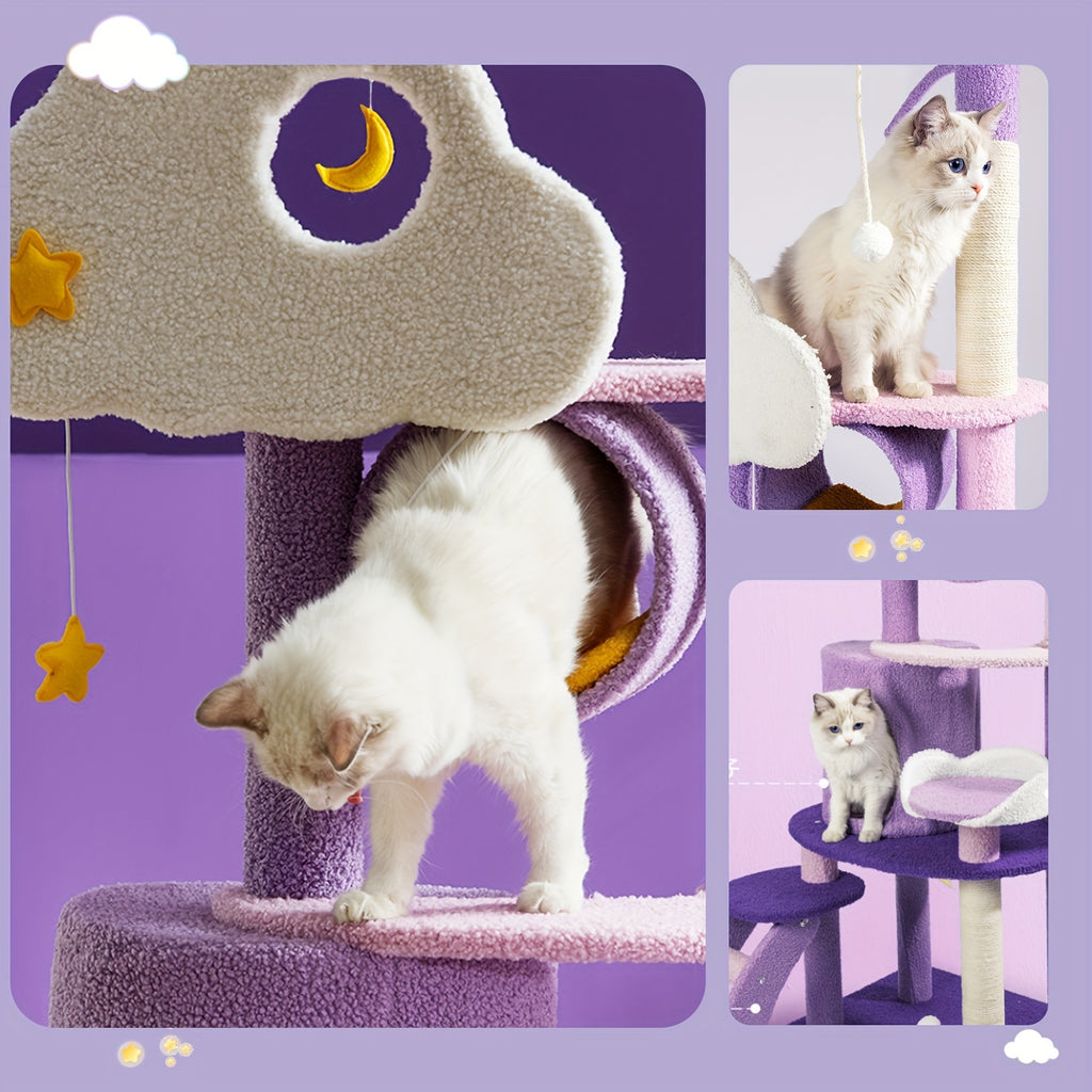Moon and Star Cat Tree, 65 Inch Purple and Pink Indoor Cat Tower with Hammock, Condo, Sisal Scratching Post and Ladder for Climbing and Rest