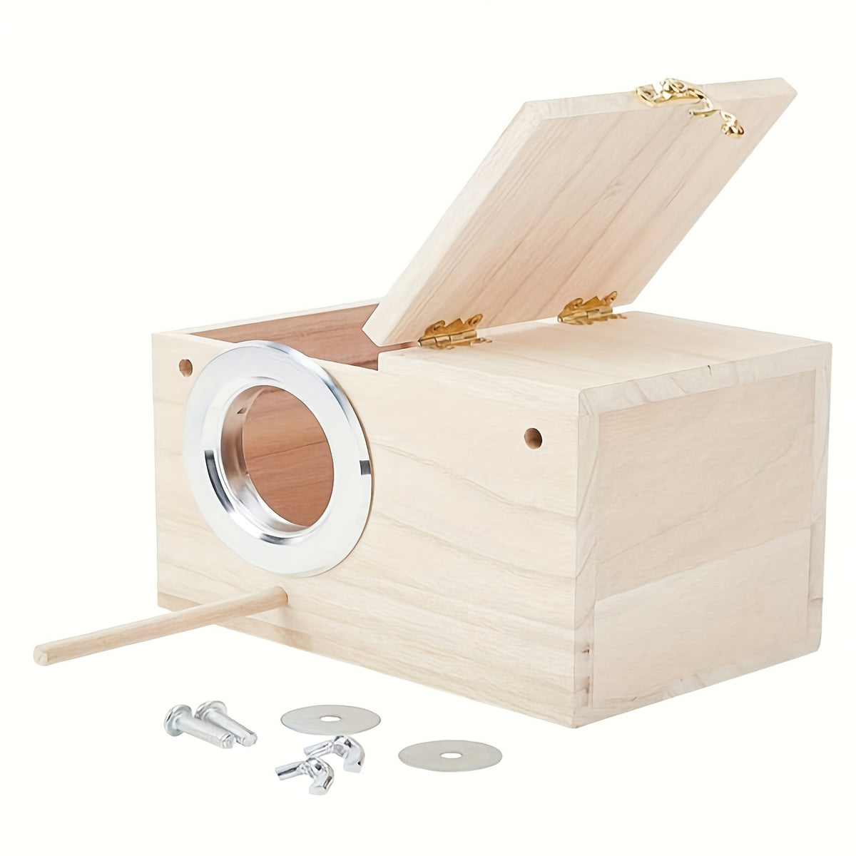 Parakeet Nest Box with Hinged Inspection Lid, Wooden Bird Breeding House with Metal-Rimmed Entrance and Perch, Compact Wood Color Cage Accessory