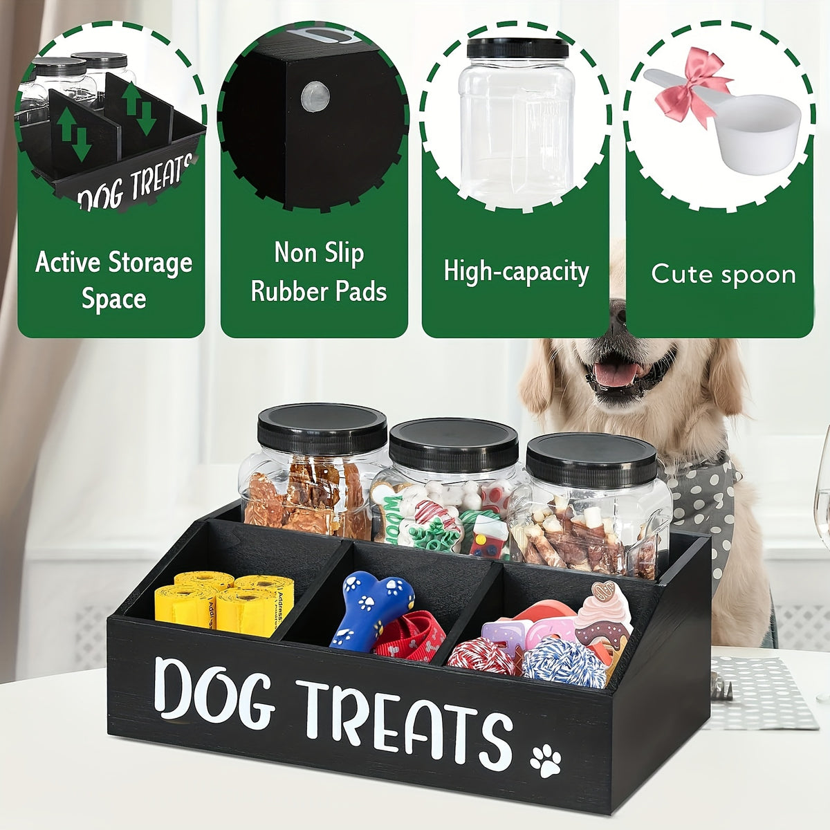 Dog Treat Storage Organizer with 3 Clear Jars and Scoop, Solid Wood Farmhouse Pet Snack Station with Compartments for Cat and Dog Supplies