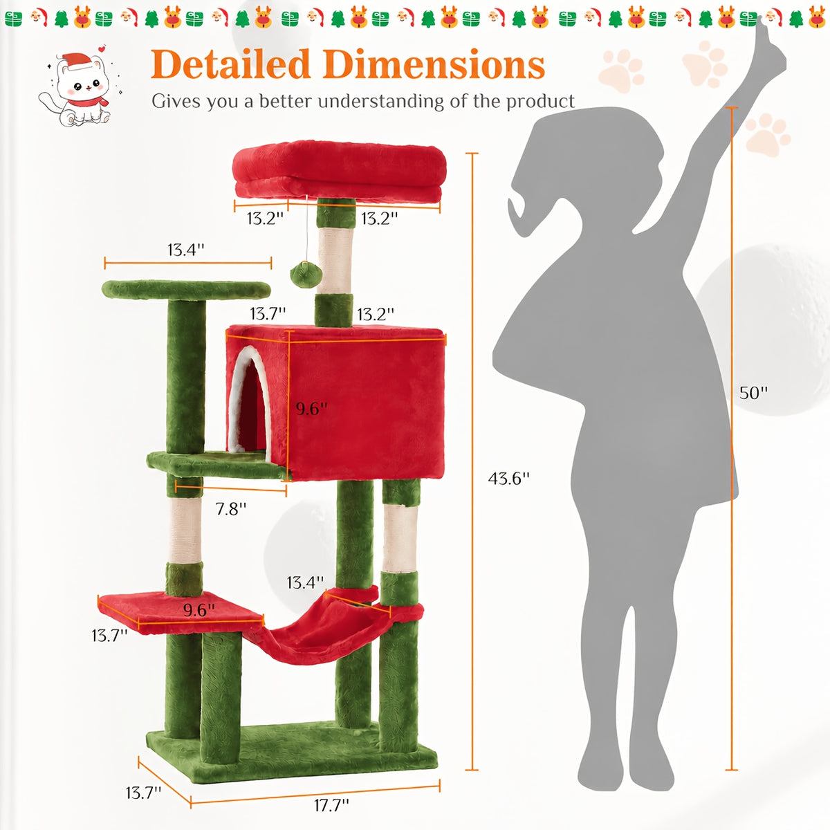 Cat Tree Tower with Condo and Hammock, Sisal Scratching Posts and Perches for Indoor Cats, 44-Inch Colors Plus 44/54-Inch Holiday Options