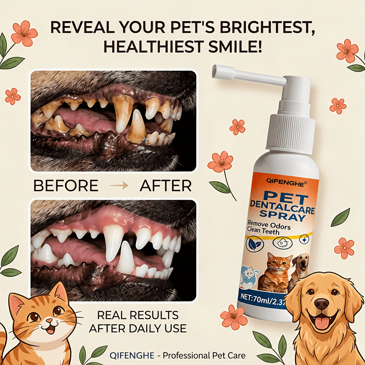Pet Breath Freshener Spray for Dogs and Cats, 60ml Oral Care Mist for Everyday Mouth Hygiene Routines and At-Home Pet Grooming Supplies