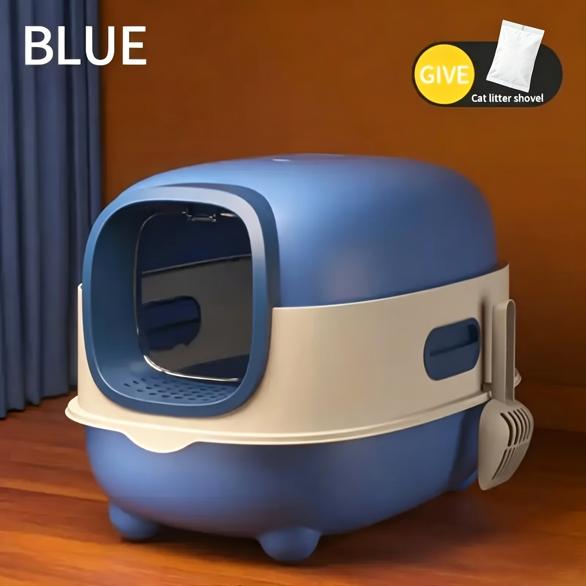 Hooded Cat Litter Box with Scoop, Fully Covered Spill-Reducing Indoor Kitty Toilet for Easy Daily Cleaning and Setup, Purple or Blue