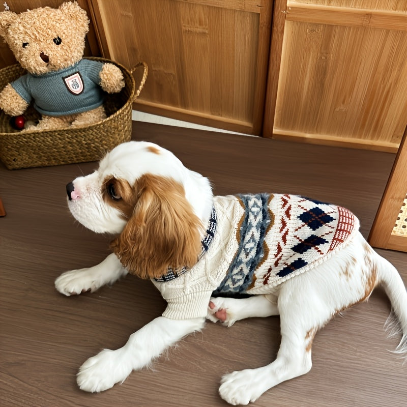 Fair Isle Dog Sweater, Cable Knit Turtleneck Winter Pullover in Beige or Blue, XS-XL Pet Clothing for Cozy Indoor Wear and Cool Weather Walks