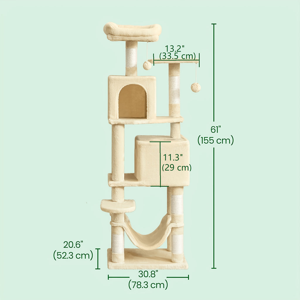 Cat Tree Tower 61 Inch with 5 Scratching Posts, 2 Perches, 2 Caves and Hammock, Plush Multi-Level Indoor Cat Furniture with Hanging Pompoms