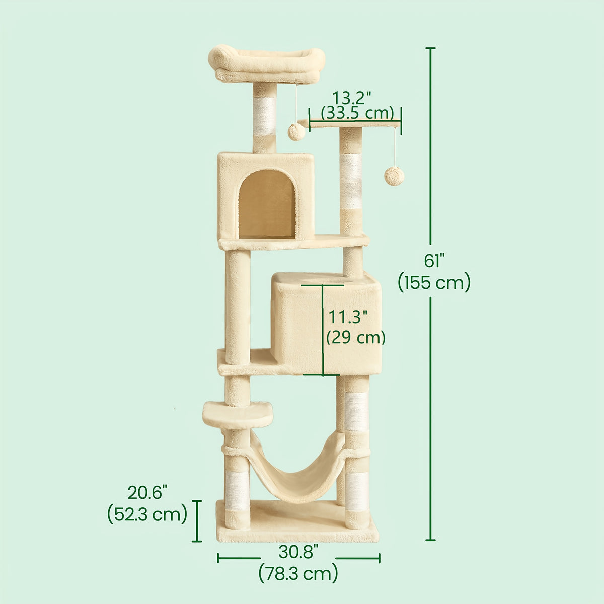 Cat Tree Tower 61 Inch with 5 Scratching Posts, 2 Perches, 2 Caves and Hammock, Plush Multi-Level Indoor Cat Furniture with Hanging Pompoms