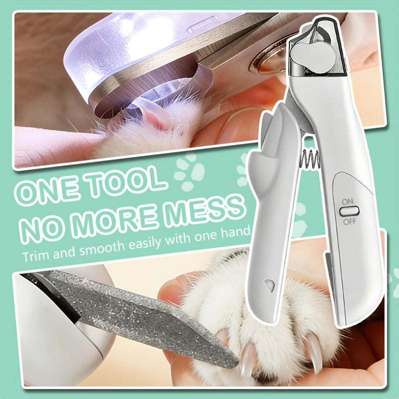 Pet Nail Clippers with Built-In File and LED Light, 2-in-1 Stainless Steel Blade Trimmer with Anti-Slip Handle for Cats and Small Medium Dogs