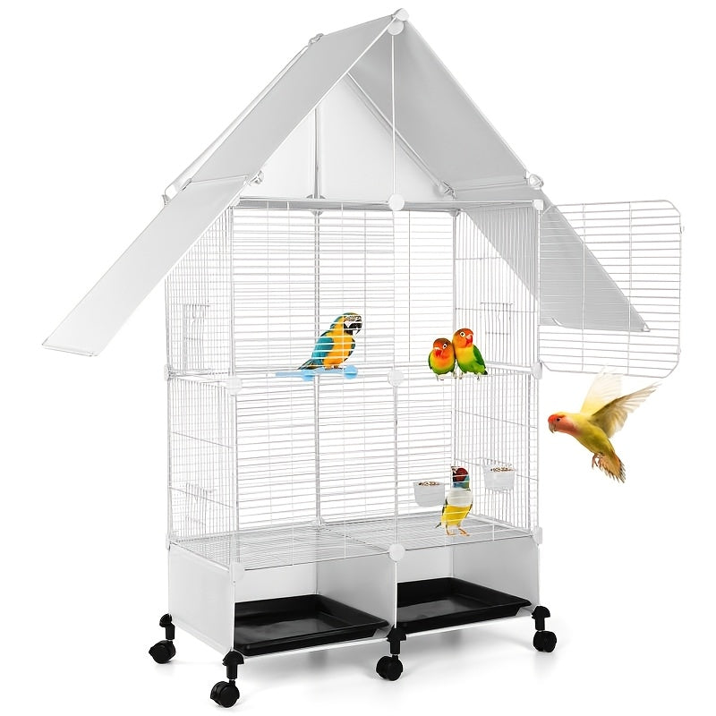 Rolling Bird Cage with Roof and Hanging Toys, Large Bird Habitat with Stand for Parrots, Lovebirds and Pigeons in Black or White