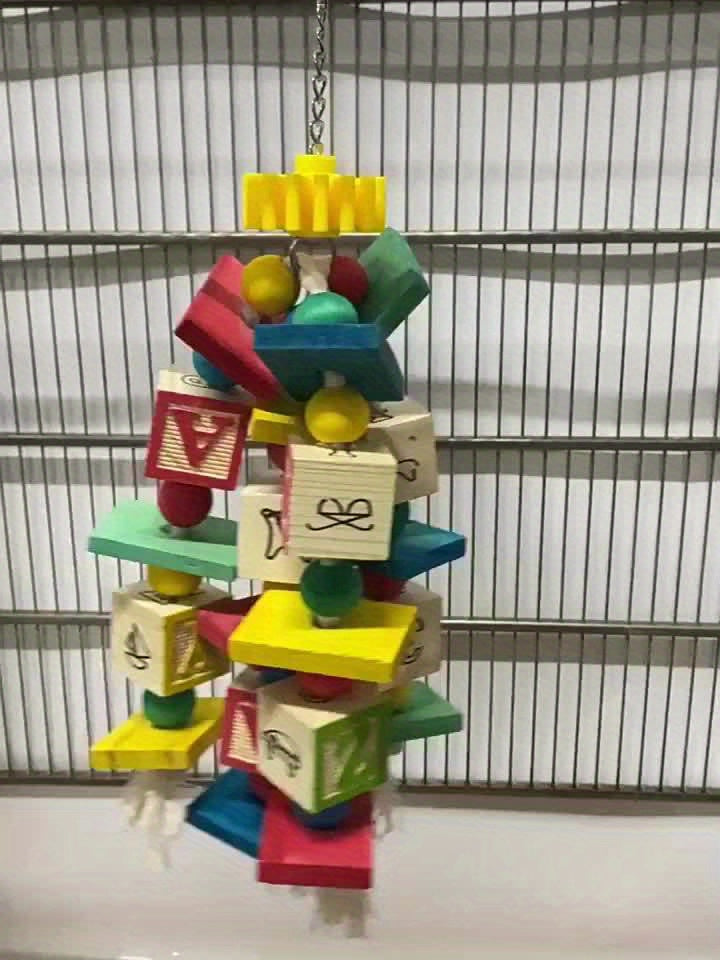Wooden Parrot Activity Toy with Number and Letter Blocks, Colorful Hanging Bird Chew Toy with Beads and Rope Tassels for Medium and Large Birds