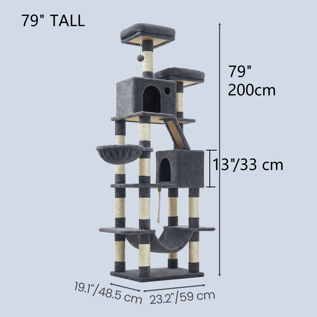 Multi-Level Cat Condo Tower with Cave and Plush Hammock, Sisal Scratching Features and Perches for Indoor Rest and Play, 44 66 or 79 Inch Options