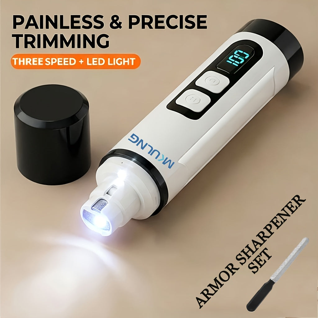 3-Speed Rechargeable Dog Nail Grinder with LED Light, Quiet Electric Pet Nail File for At-Home Paw Grooming with Model-Specific Grinding Head Options