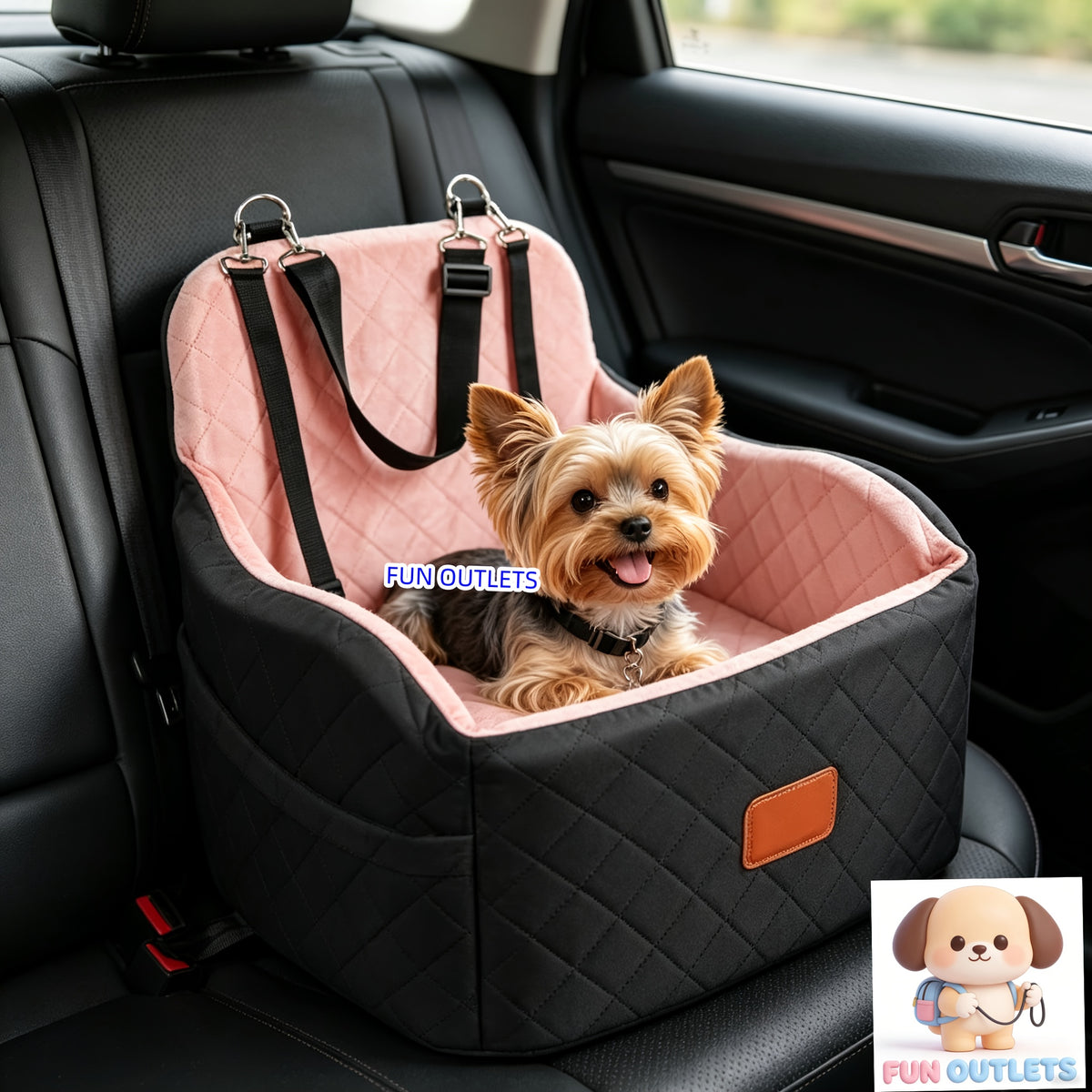 Elevated Dog Car Seat with 6-Inch Booster Cushion, Removable Washable Cover, 2 Storage Pockets and 3 Straps for Small and Medium Dogs up to 35 lbs