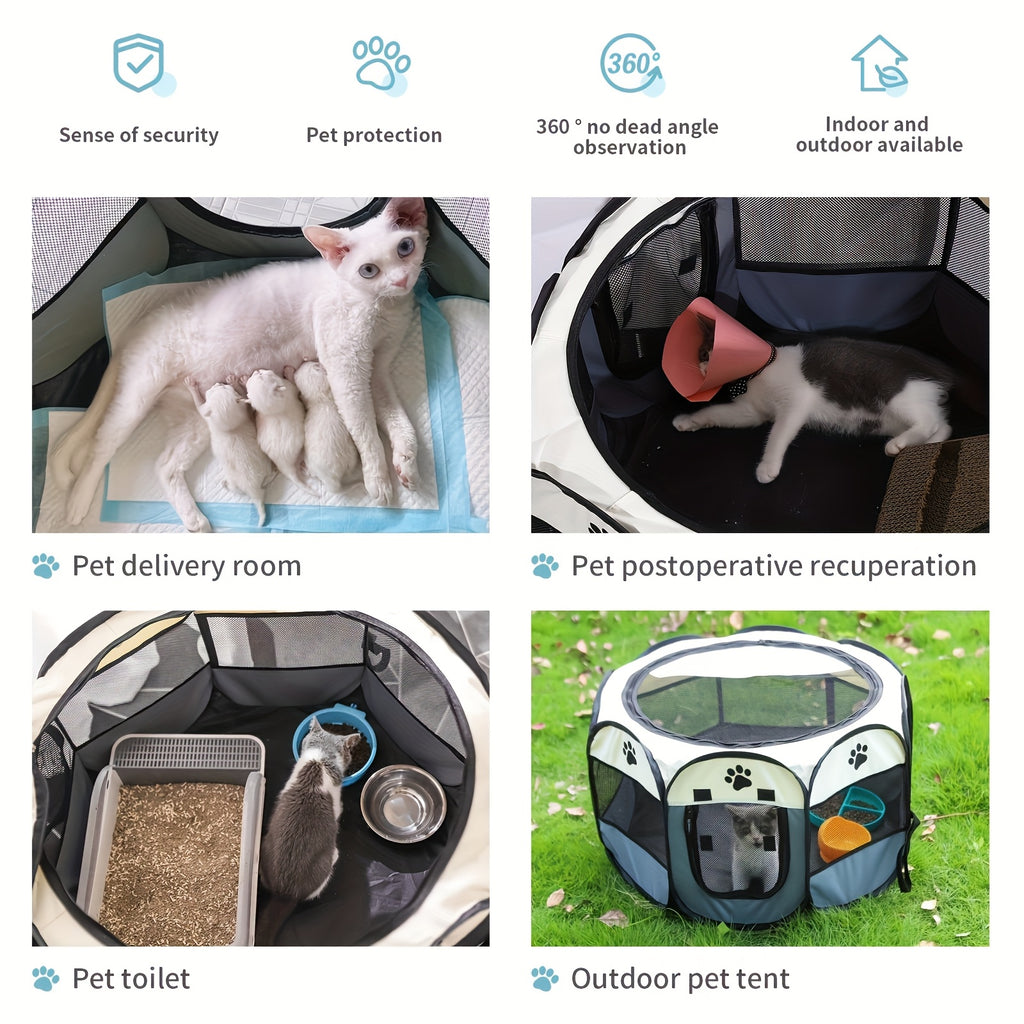 Foldable Puppy Playpen for Dogs and Cats, Octagonal Oxford Cloth Pet Tent in Blue or Off White for Supervised Indoor Rest and Outdoor Camping