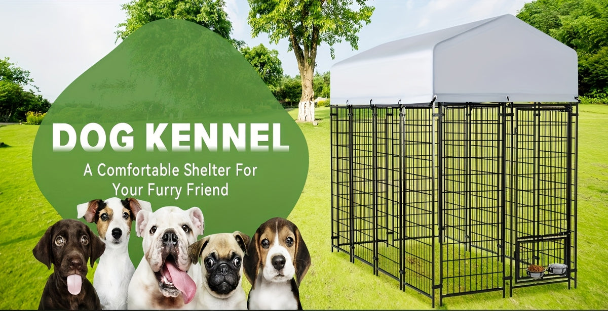 Covered Outdoor Dog Kennel with 2 Rotating Bowls, Welded Steel Wire Dog Pen with Lockable Gate, 69-Inch Height and Two Length Options