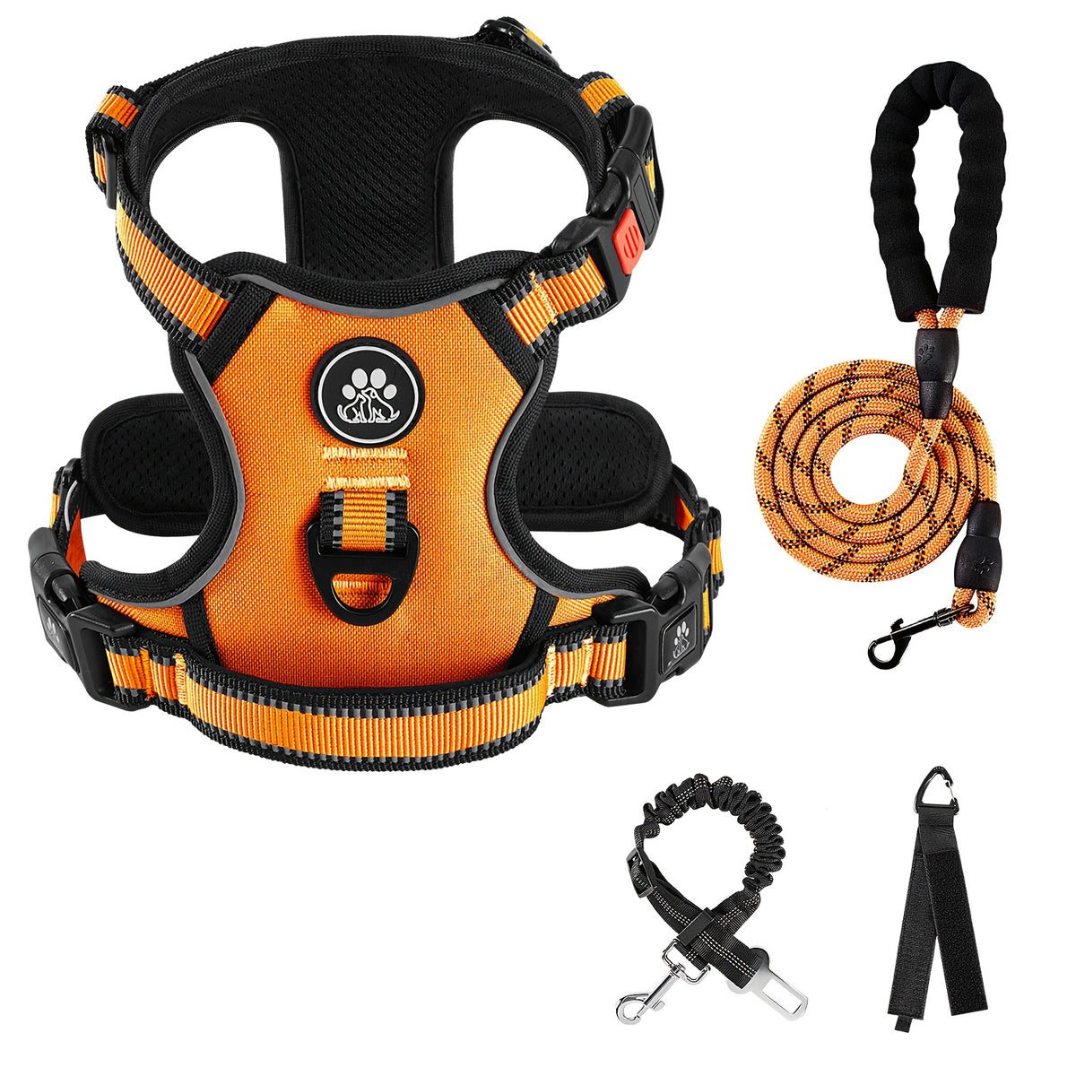 No Pull Dog Harness Set with Three-Buckle Open-Neck Design, Reflective Adjustable Vest, Padded Handle, Leash and Seat Belt, XS-XL
