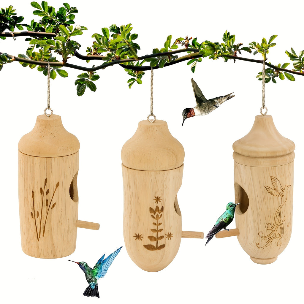 Wooden Hummingbird House 3 Pack for Outdoor Hanging, Natural Wood Garden Decorations and Backyard Accents, Gardening Gifts for Bird Lovers