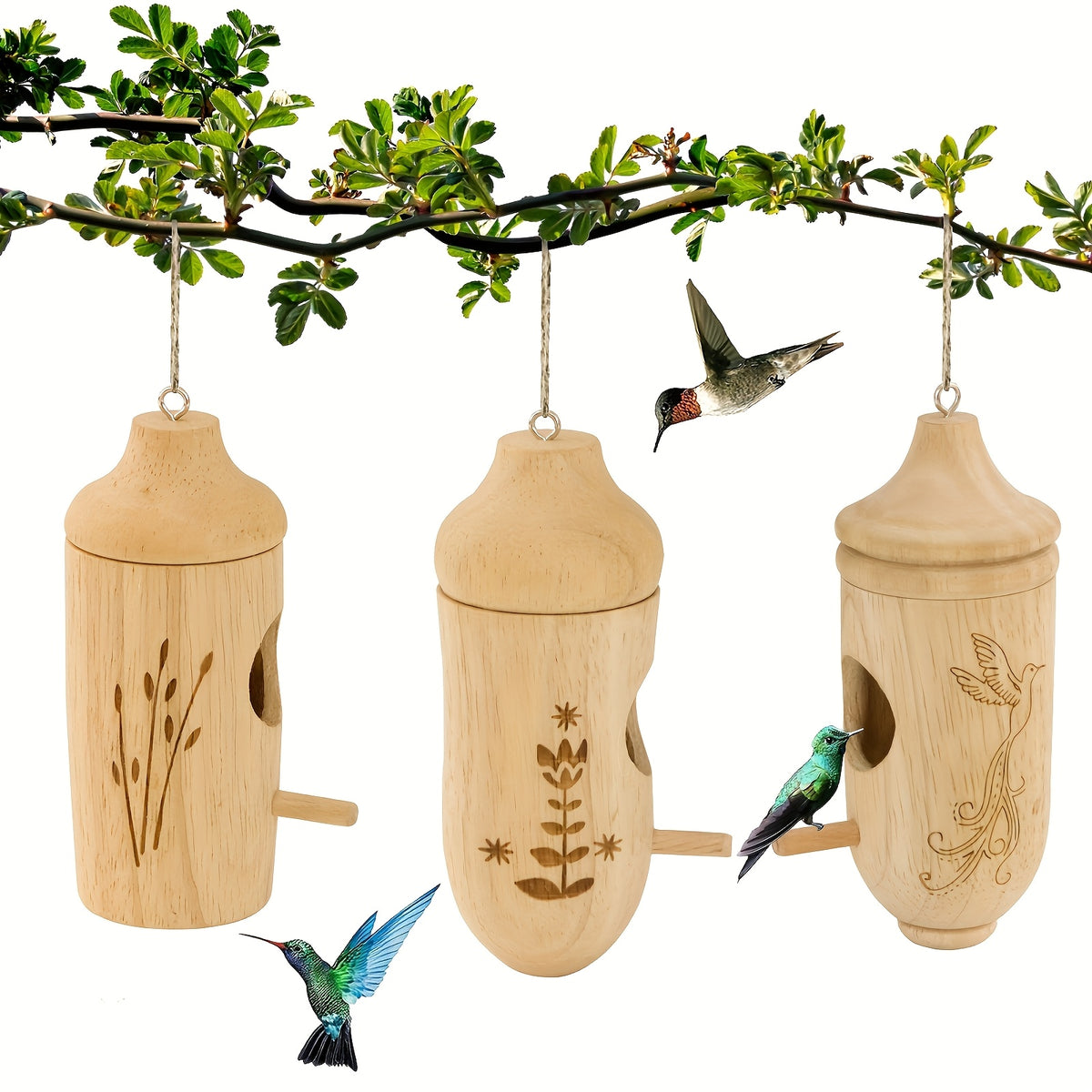 Wooden Hummingbird House 3 Pack for Outdoor Hanging, Natural Wood Garden Decorations and Backyard Accents, Gardening Gifts for Bird Lovers