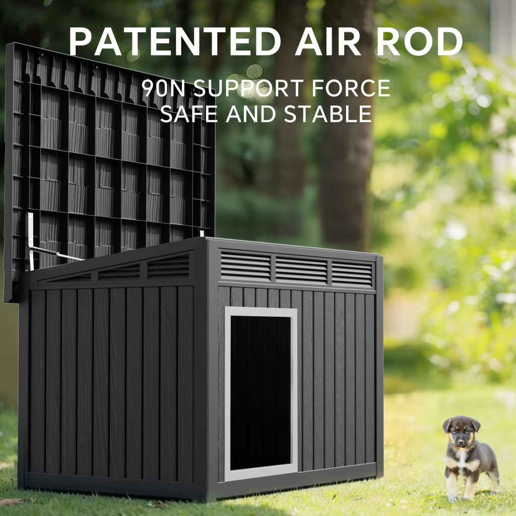 Ventilated Dog House with Slanted Roof, Black or Grey Indoor Outdoor Pet Shelter with Listed Waterproof and UV-Resistant Features for Large Dogs