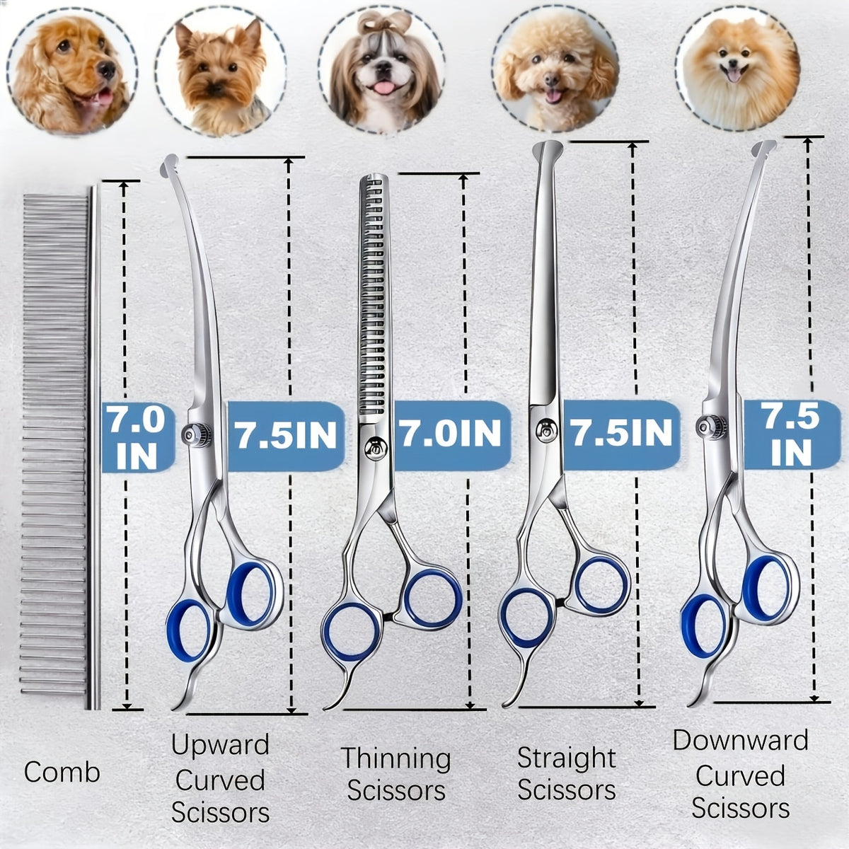 Dog Grooming Scissors Set with Ceramic-Coated 4CR Stainless Steel, 7 Pieces Including Straight, Thinning and Curved Shears, Comb and Storage Bag