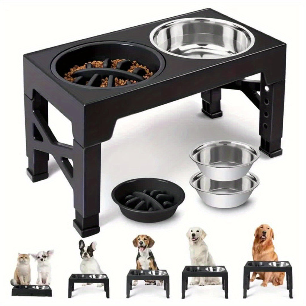 5-Height Dog Bowl Set with Foldable Adjustable Stand, Slow Feeder and Stainless Steel Bowl for Medium and Large Dogs, Black or Pink