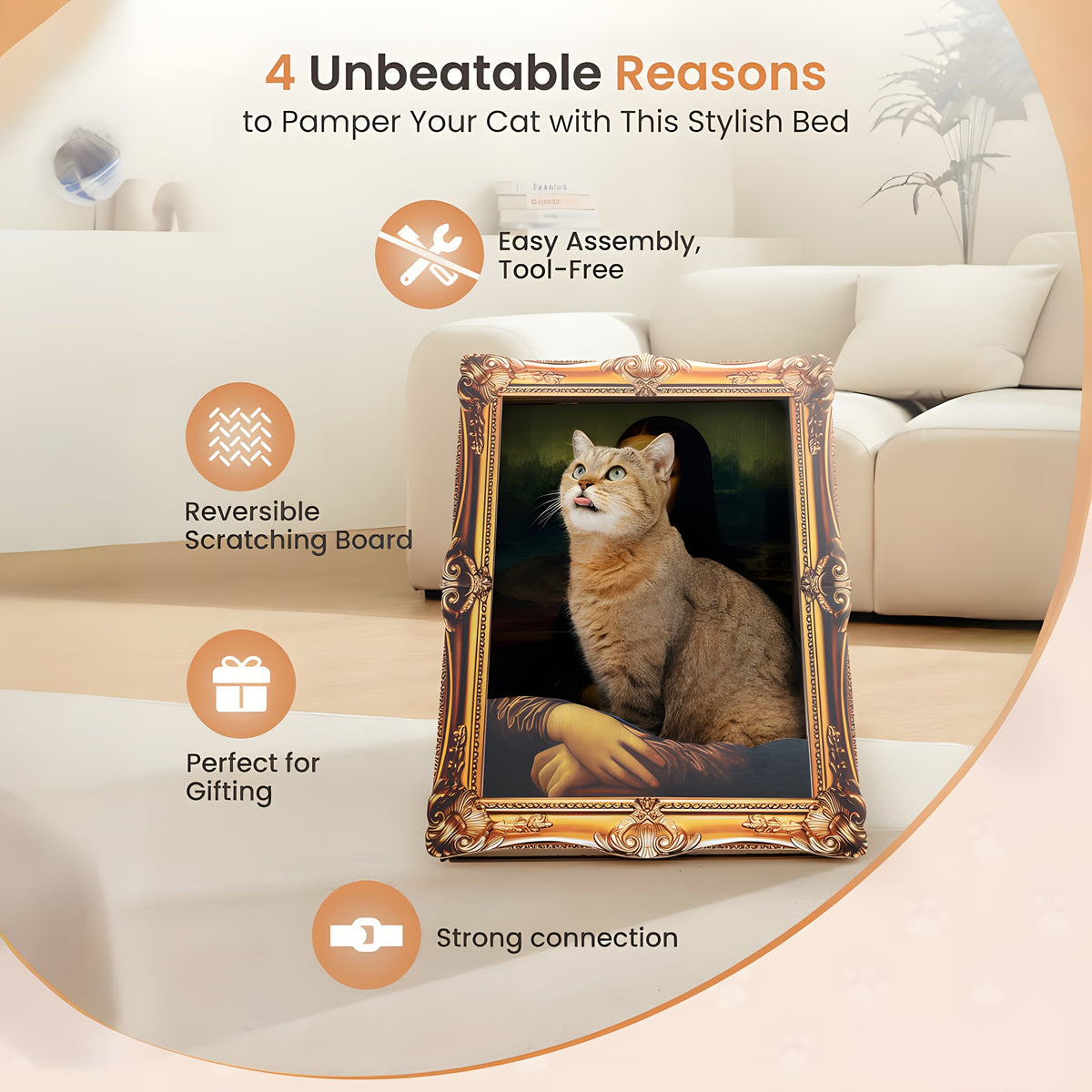 Mona Lisa Cat Scratcher Bed with Art Frame, Easy-to-Assemble Cardboard Cat Condo for Indoor Scratching, Resting and Creative Home Decor
