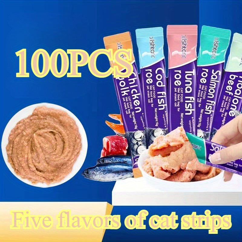 Lickable Cat Snacks 100 Count, Five Mixed Flavor Creamy Squeeze Treat Sticks for Adult Cats, Hand Feeding, Food Topping and Everyday Bonding