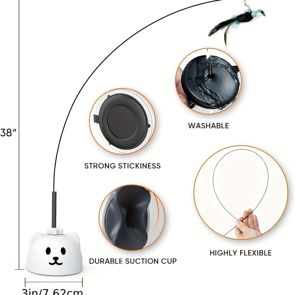 Automatic Bird Cat Toy with Rotating Feather Wand, USB Rechargeable Suction Cup Teaser with Touch Wake-Up for Supervised Indoor Play, White or Black