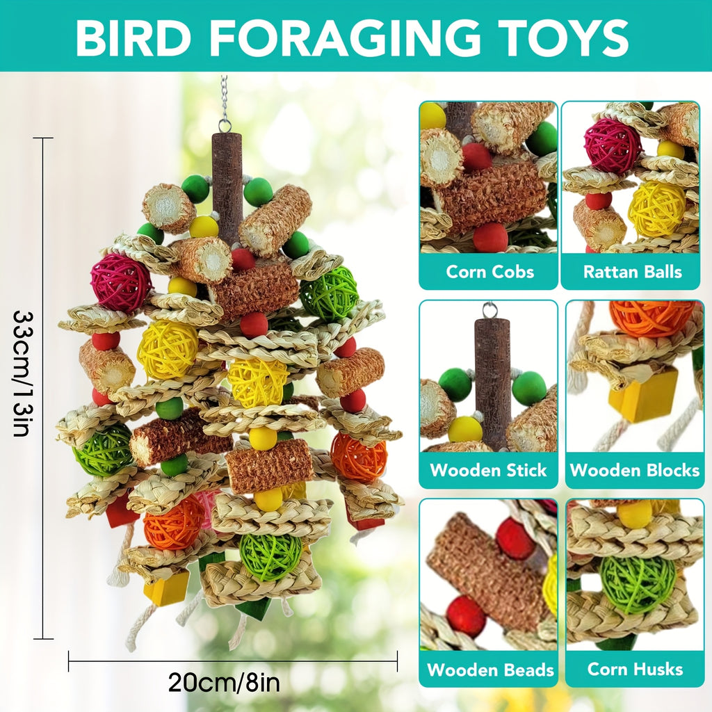 Bird Chew Toys with Natural Corn Cobs, Wooden Blocks and Rattan Balls for Parrot Enrichment, Supervised Cage and Aviary Play, 400g Option