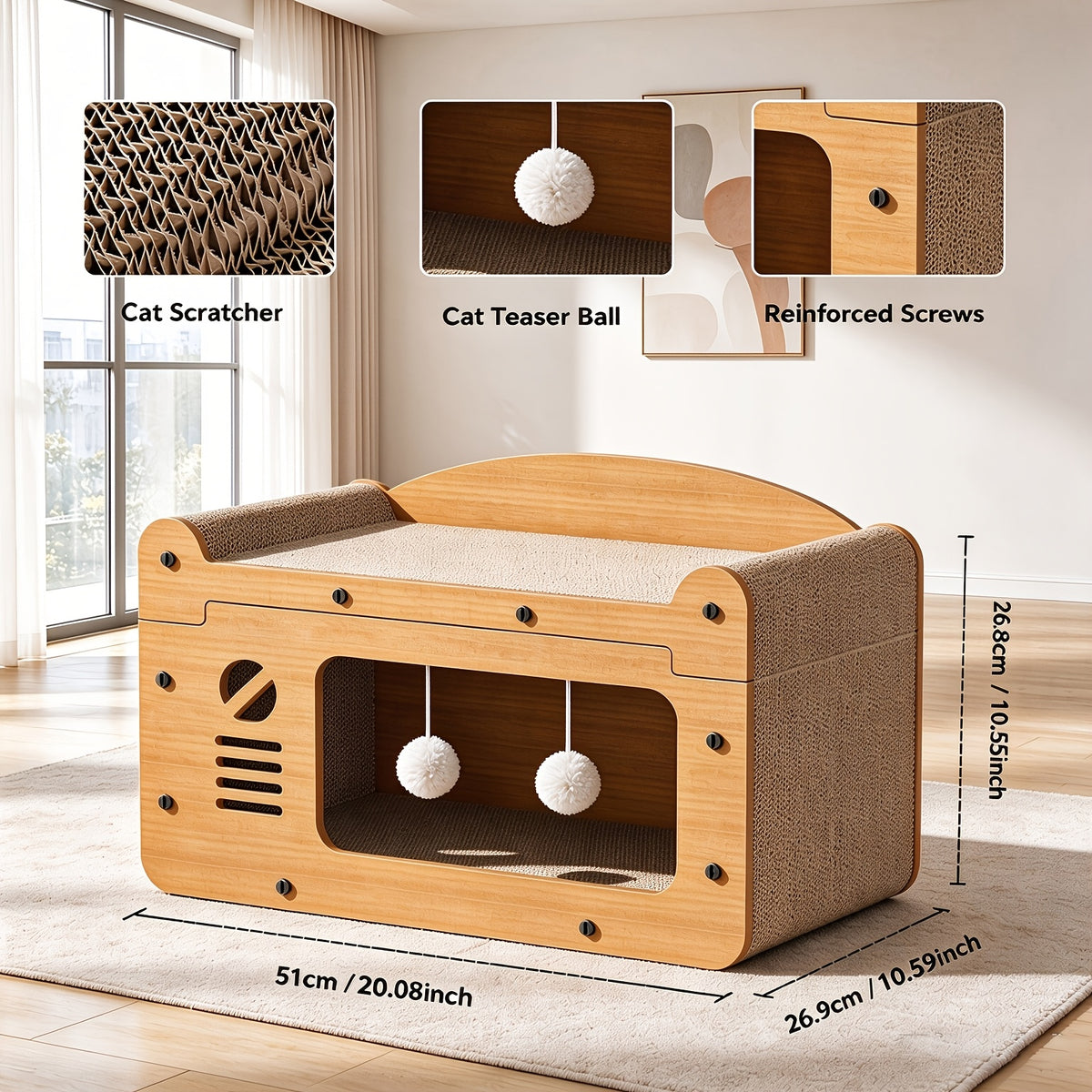 Cat Scratcher House with Dual Openings, Brown Corrugated Cardboard Cat-Face Hideout Bed and Hanging Toy Balls for Indoor Cats to Scratch, Rest and Play