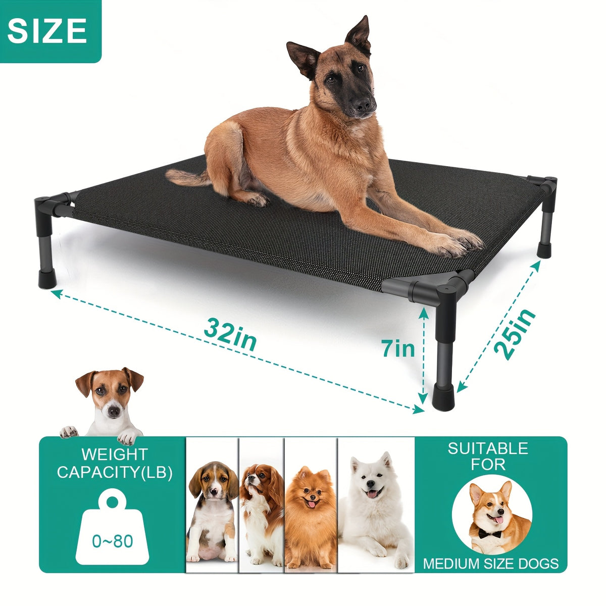 Elevated Dog Bed for Large Dogs, Cooling Outdoor Dog Cot with Breathable Mesh, Tool-Free Assembly Washable Raised Pet Bed with Anti-Slip Feet for Indoor and Outdoor Use, Portable Camping Cot for Summer