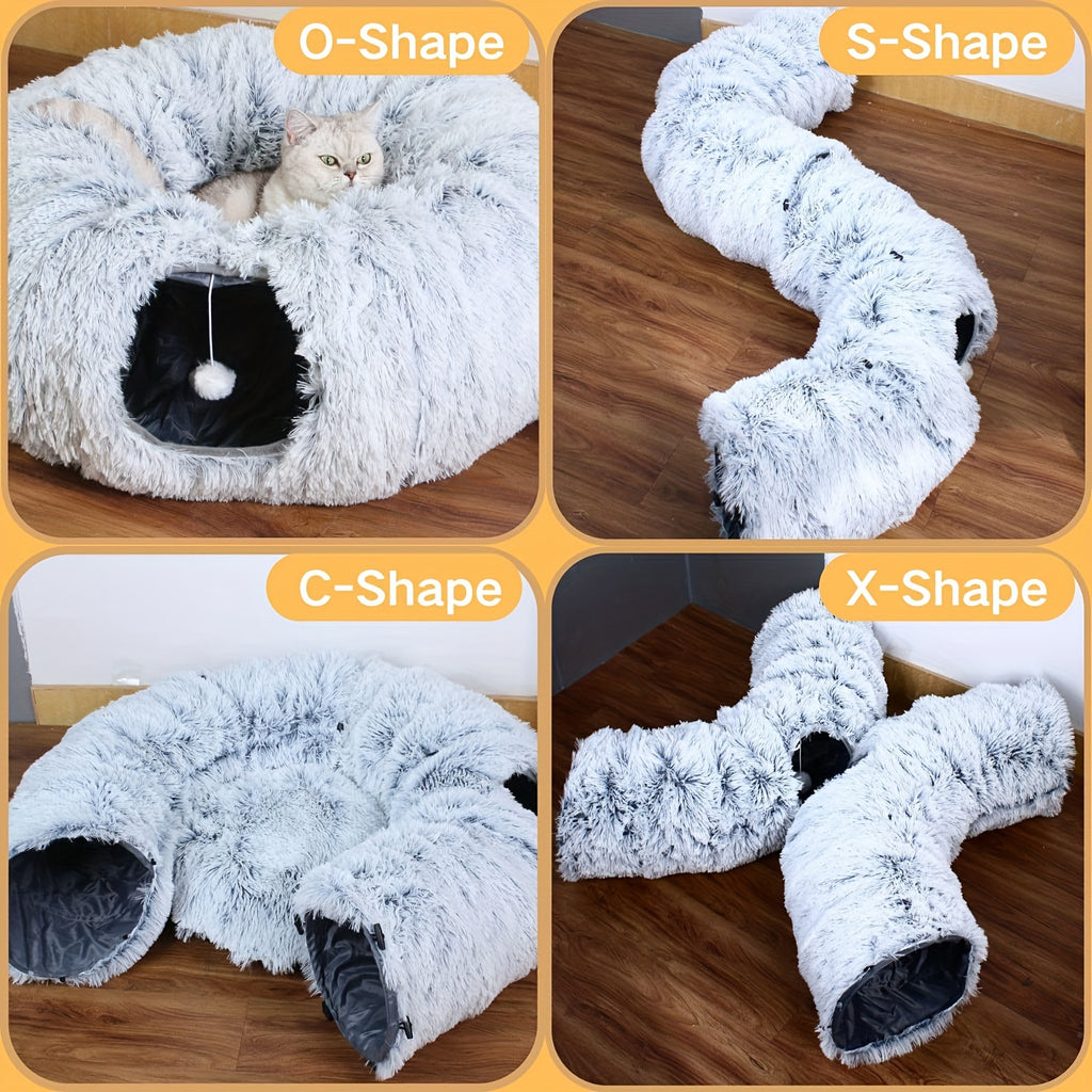 Cat Tunnel with Bed and Pet Scarf, Soft Plush Donut Hideaway with Peekaboo Opening for Indoor Cat Play and Rest, Four Color Options and Holiday Gift Idea