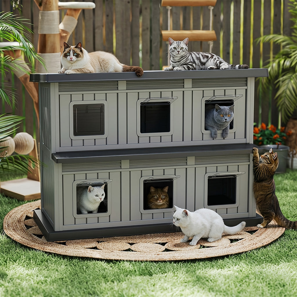 Two-Story Cat House with Multiple Small Windows, Double-Layer Cat Apartment and Resting Shelter for Stray Cats, Blue or Black Color Options
