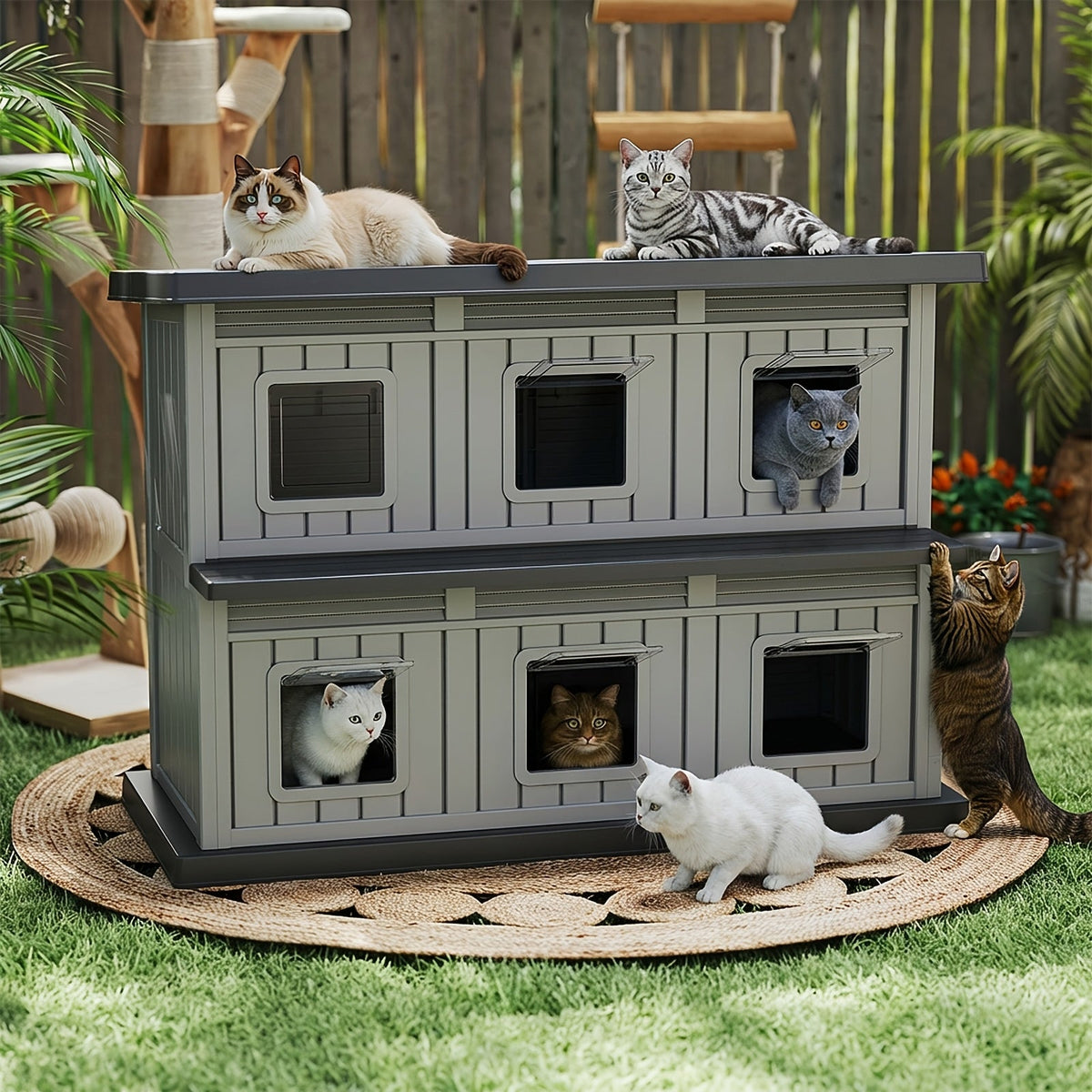 Two-Story Cat House with Multiple Small Windows, Double-Layer Cat Apartment and Resting Shelter for Stray Cats, Blue or Black Color Options