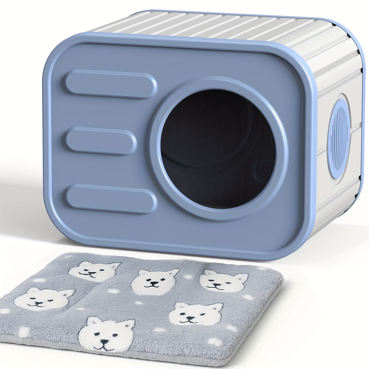 Camera-Shaped Cat House with Side Ventilation, Washable Cat Hideaway in Blue or Black for Indoor and Sheltered Outdoor Use, Optional Cushion