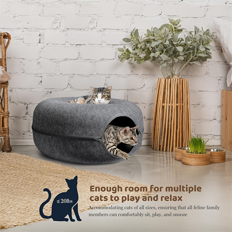 Donut Cat Tunnel Bed for Indoor Cats, Round Hideaway Nest with Pom-Pom Toys, 20 or 24 Inch Cat Cave in Light Gray or Dark Gray